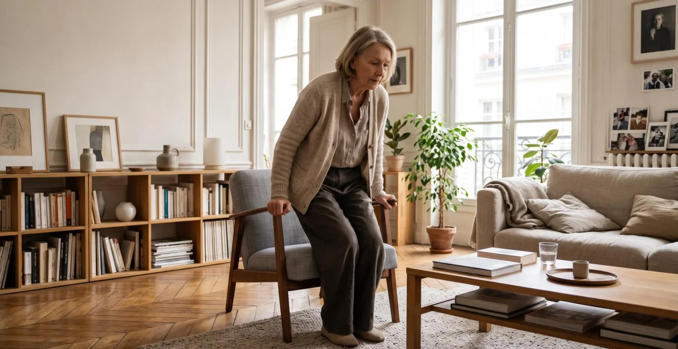 Une senior se lève d'un fauteuil contemporain aux accoudoirs hauts dans un salon lumineux.
