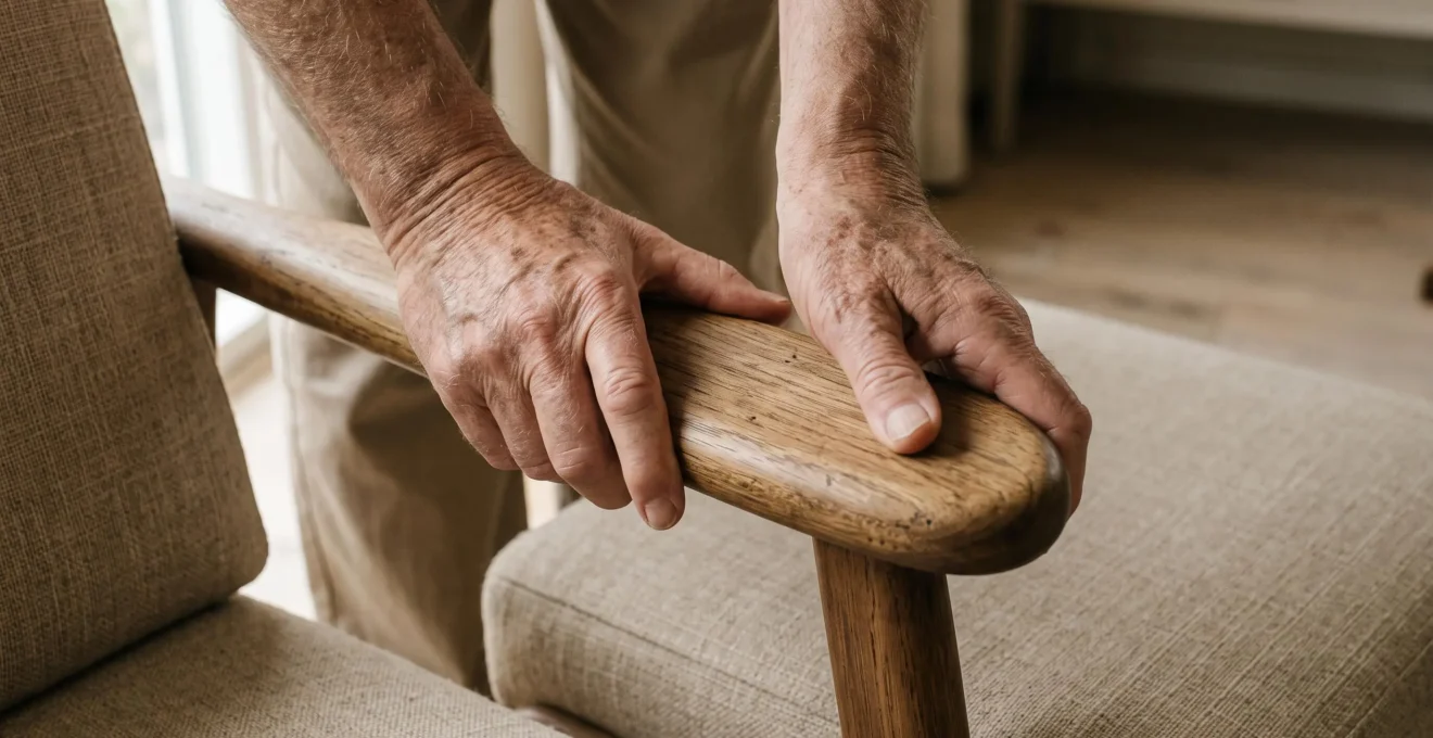 Mains d'une personne âgée posées sur l'accoudoir arrondi d'un fauteuil contemporain.