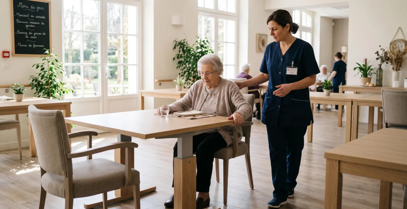 Une résidente s'assoit à une table contemporaine accompagnée d'une soignante dans une salle lumineuse.